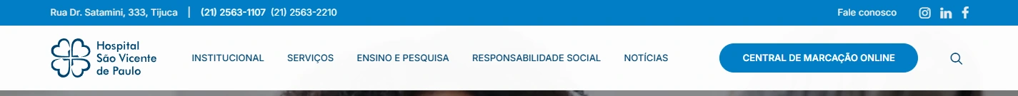 HSVP: detalhe do cabeçalho desktop com marca, categorias de navegação, botão Central de Marcação Online e busca Detalhe do cabeçalho desktop com marca, categorias de navegação, botão Central de Marcação Online e busca.