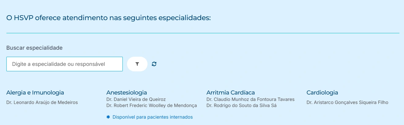 HSVP: detalhe da página Consultas com título, campo Buscar especialidade, filtro e início da lista de… Detalhe da página Consultas com título, campo Buscar especialidade, filtro e início da lista de especialidades e profissionais.