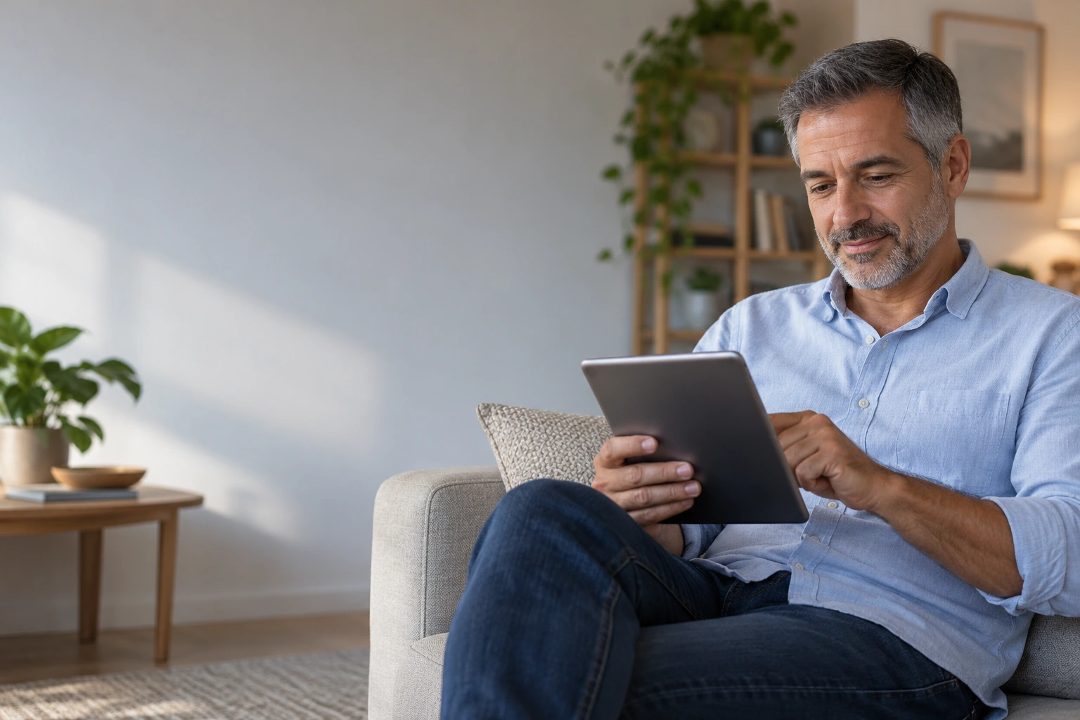 HSVP: cena ilustrativa gerada por IA de um homem consultando informações sobre serviços hospitalares pelo tablet Cena ilustrativa gerada por IA de um homem consultando informações sobre serviços hospitalares pelo tablet.