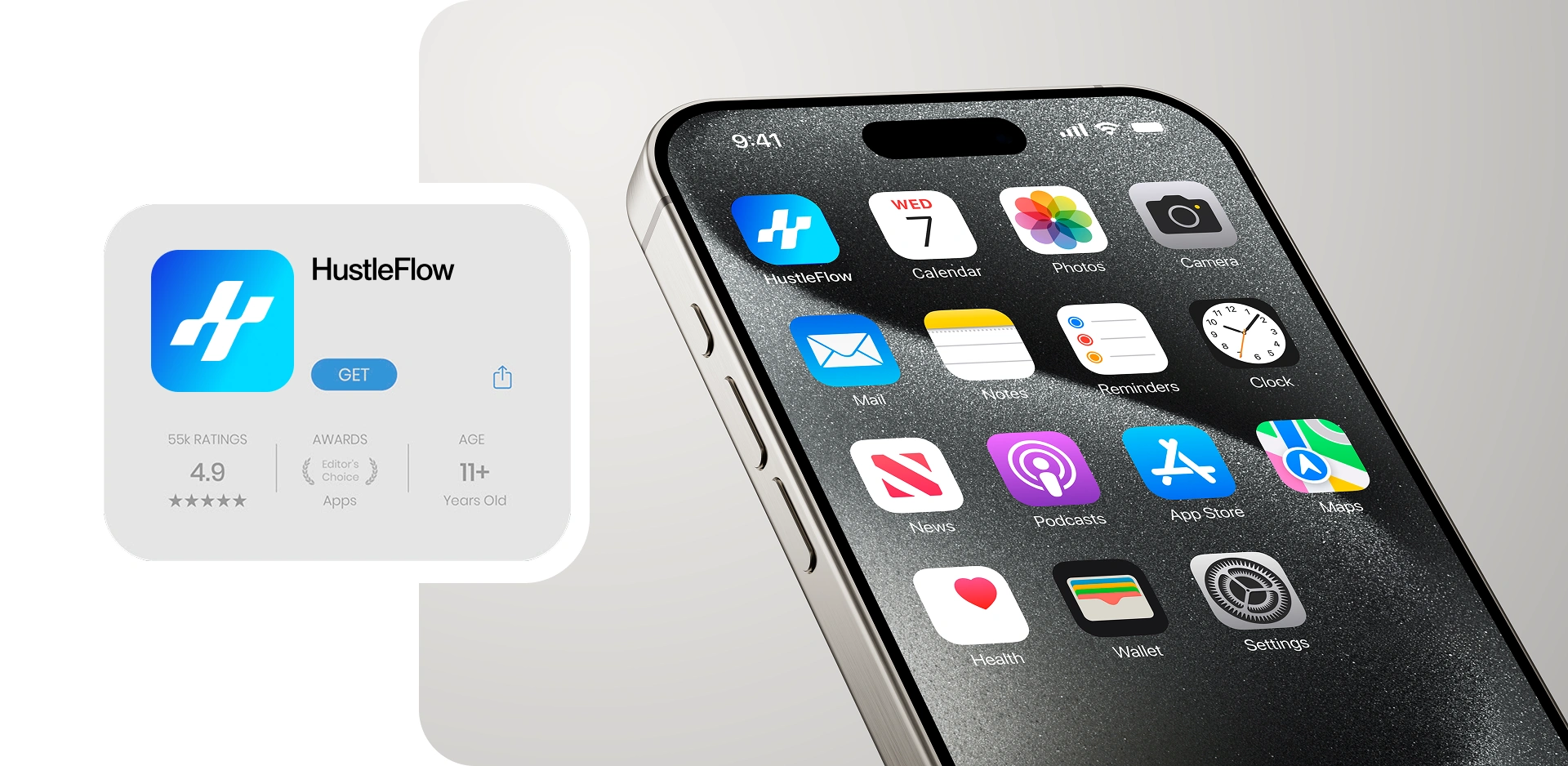 Identidade HustleFlow aplicada a interface digital.
