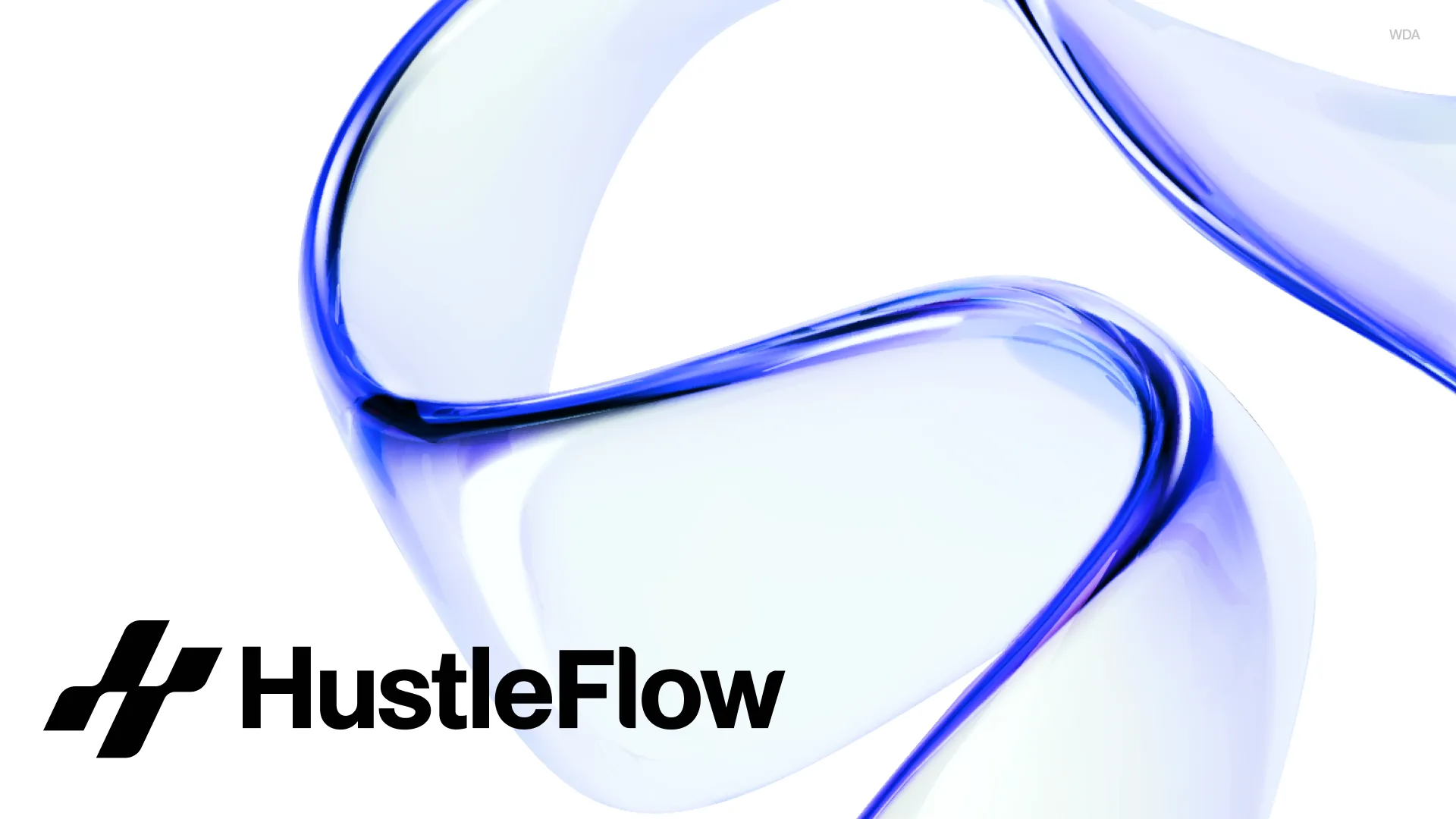 Key visual da HustleFlow: forma de vidro fluida sobre fundo claro com a marca aplicada.