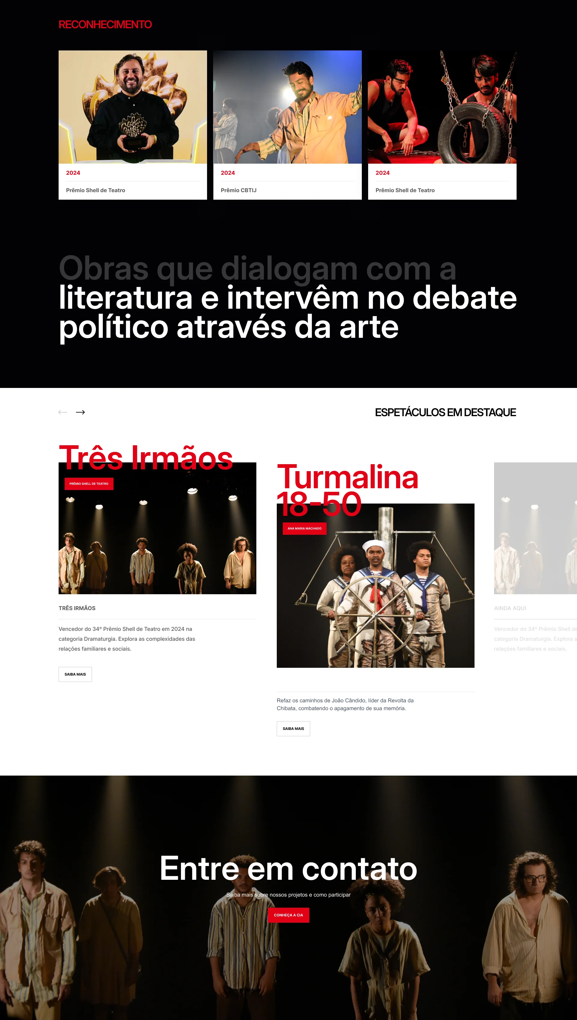 Instituto Cultural Cerne: layout de reconhecimento, espetáculos e contato Layout das seções de reconhecimento, espetáculos em destaque e contato do site Instituto Cultural Cerne.