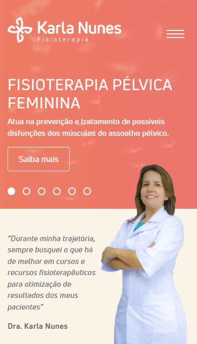 Karla Nunes: conteúdo e navegação na versão mobile Home no celular, com menu compacto, chamada para a especialidade e retrato de Karla Nunes.