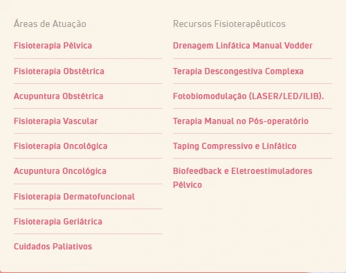 Detalhe real do menu Serviços de Karla Nunes, organizado em Áreas de Atuação e Recursos Fisioterapêuticos Detalhe real do menu Serviços de Karla Nunes, organizado em Áreas de Atuação e Recursos Fisioterapêuticos.