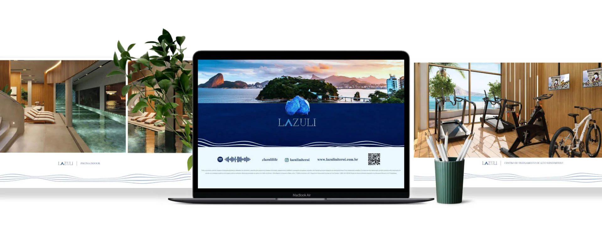 Website Lazuli Niterói apresentado em notebook, com imagens das áreas de lazer.