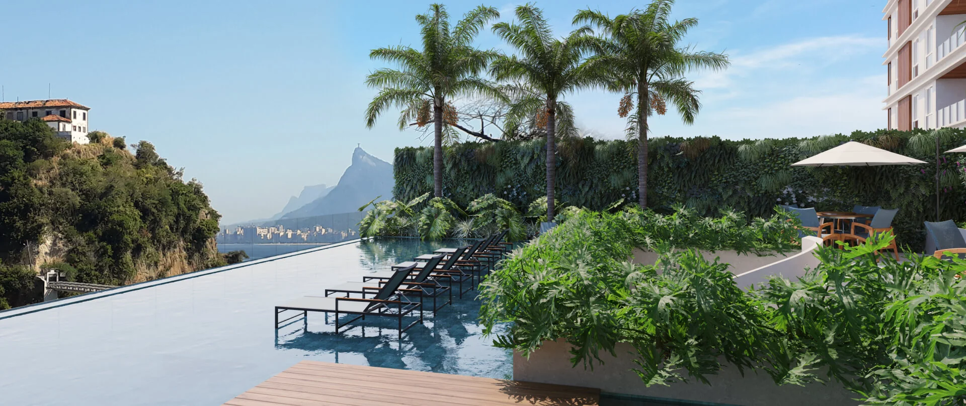 Lazuli Niterói pool, landscaping and views over the bay.