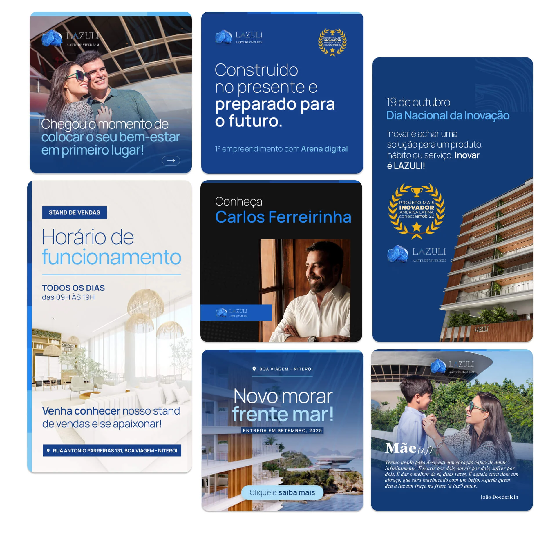 Peças para redes sociais do Lazuli, com campanhas de bem-estar, inovação e lançamento.