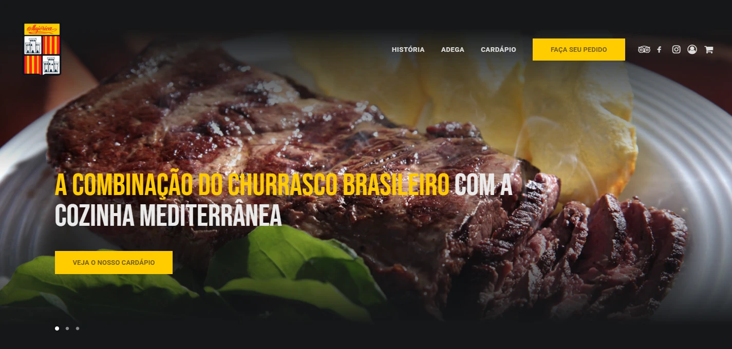 Abertura desktop da Majórica Rio com fotografia do prato, navegação e chamadas para o cardápio e os pedidos.