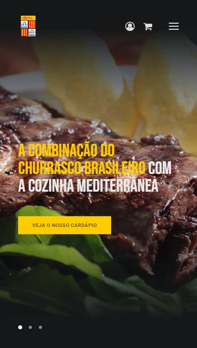 Abertura mobile do site com menu compacto, ícones de conta e carrinho e chamada para o cardápio.
