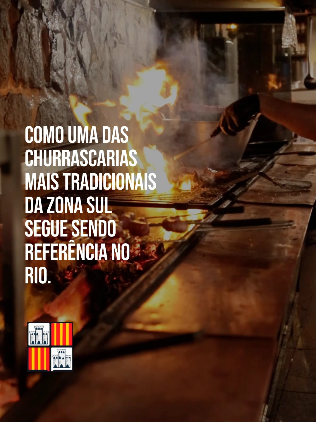 Composição com cozinheiro, fogo na churrasqueira e texto sobre a tradição da Majórica no Rio.