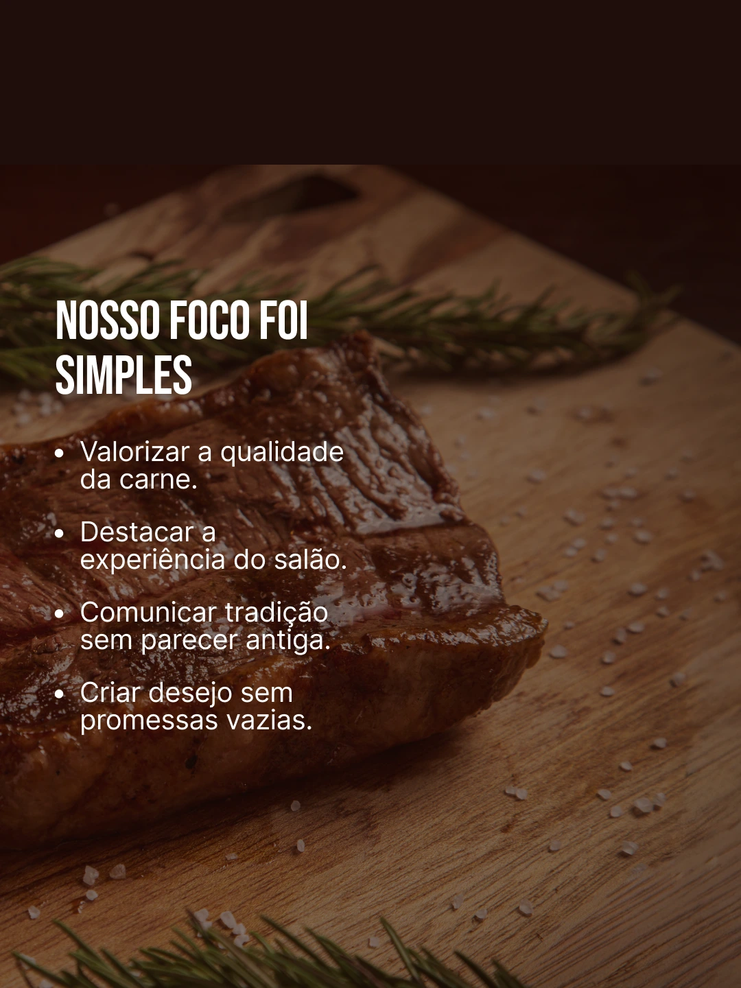 Composição com carne e texto sobre qualidade, experiência no salão e comunicação da tradição.