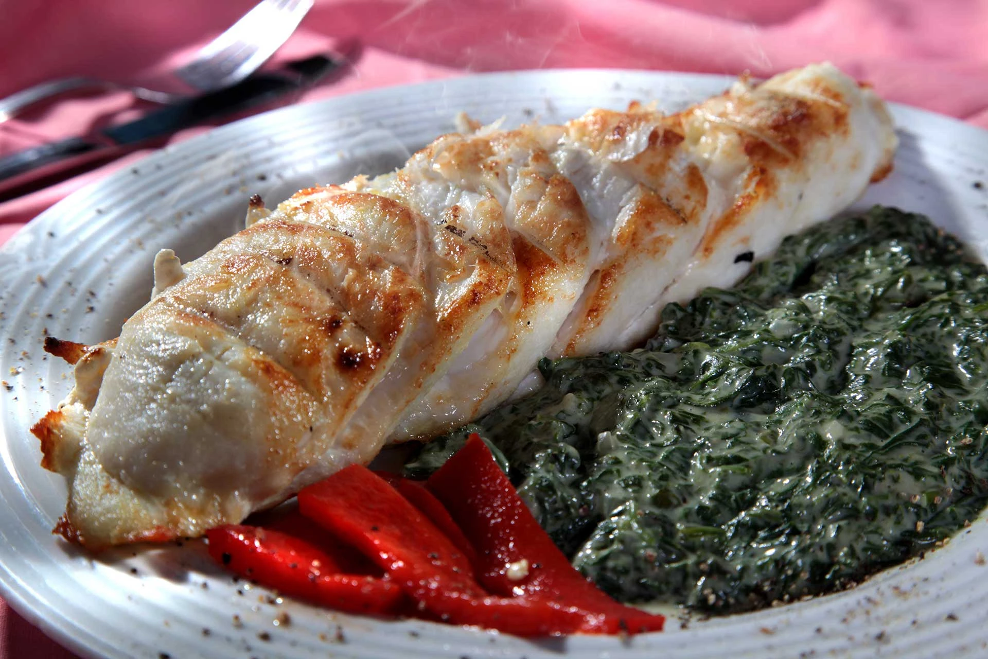 Prato de peixe com acompanhamentos, em fotografia gastronômica publicada no site da Majórica Rio.