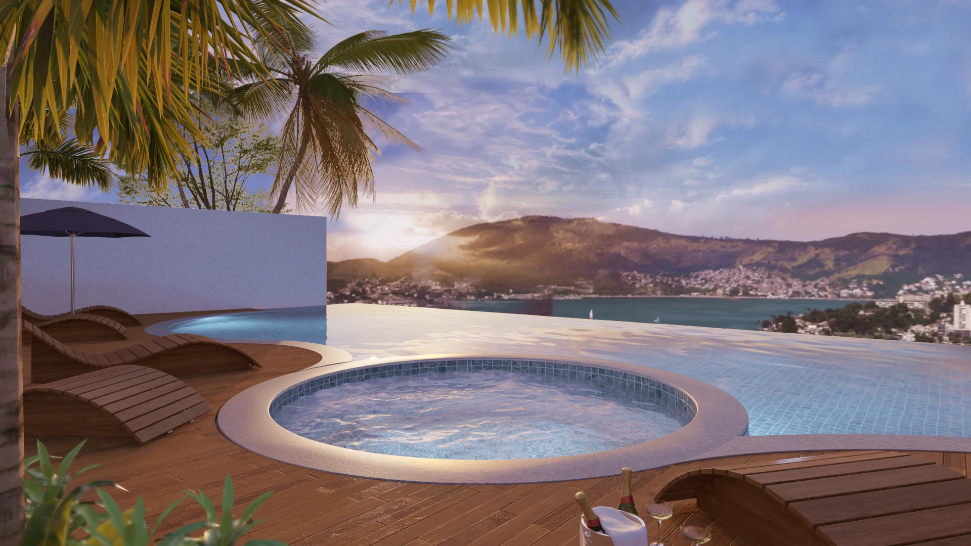 Perspectiva ilustrativa de área de lazer com piscina e vista para a paisagem, publicada no site da Mônaco.
