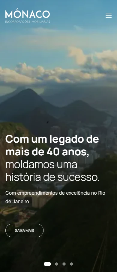 Abertura mobile do site da Mônaco, com menu compacto, apresentação da empresa e chamada para saber mais.