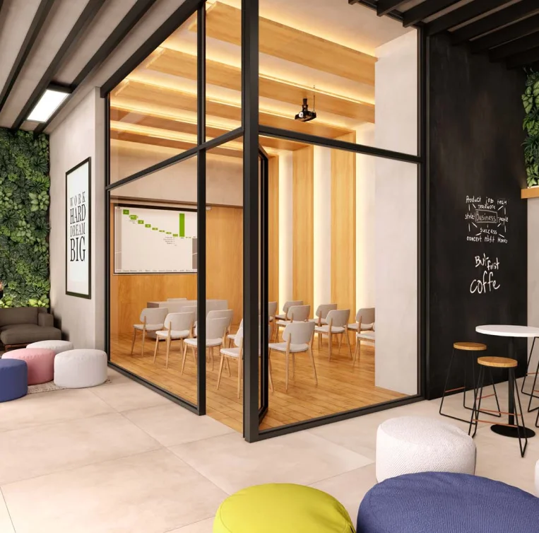 Perspectiva ilustrativa de coworking utilizada no site da Mônaco na apresentação do Lazuli.