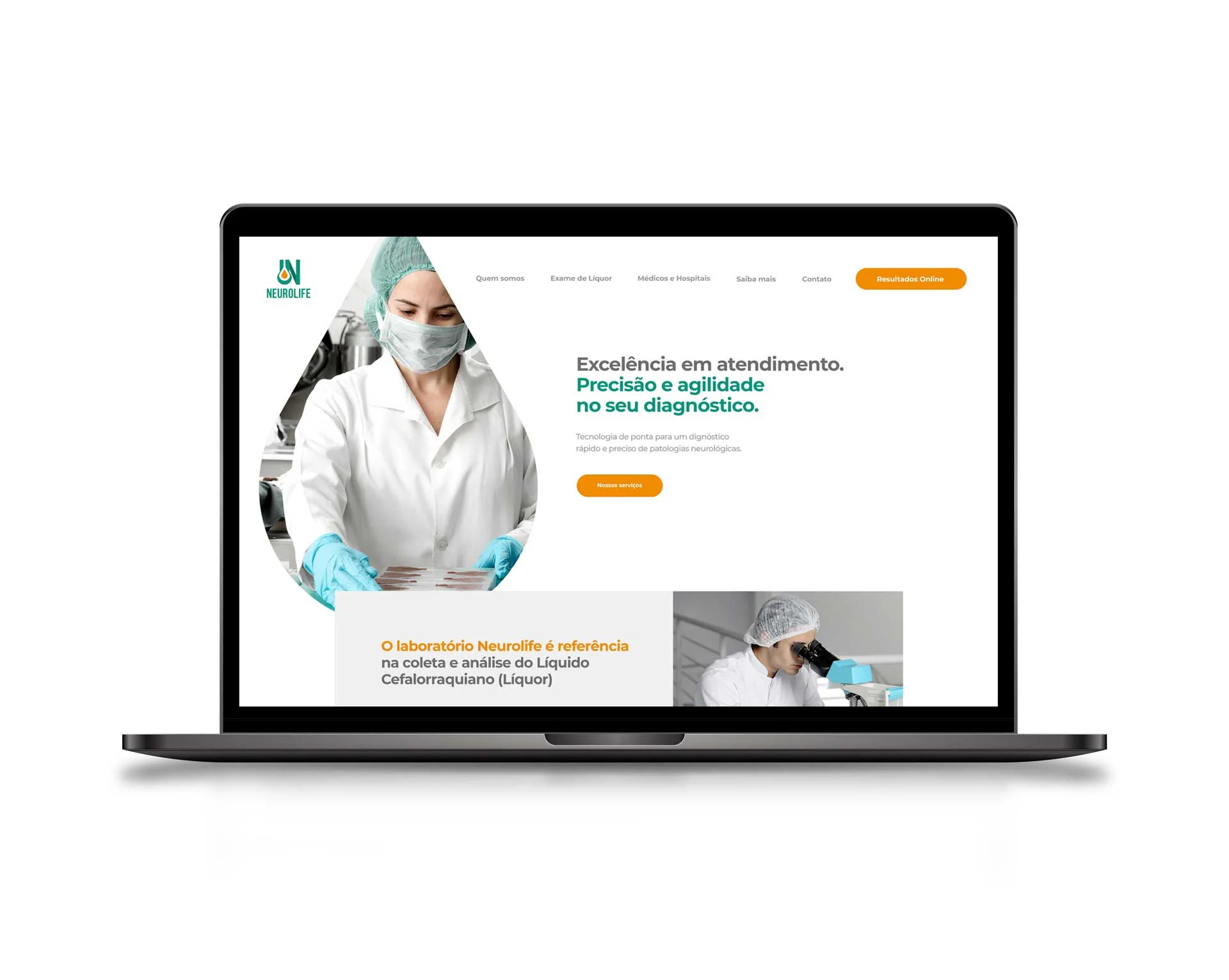 Website Neurolife apresentado em notebook, com identidade verde e laranja.