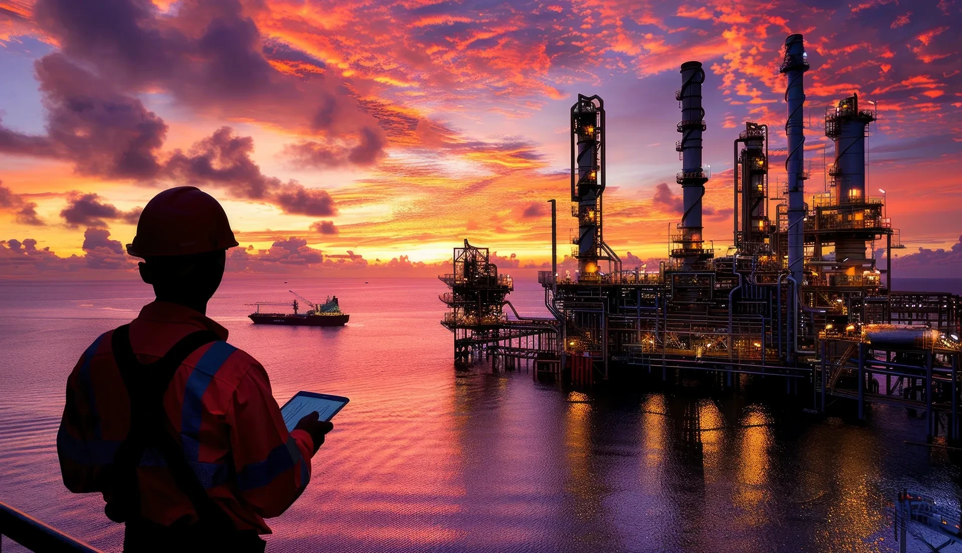 Imagem de contexto offshore utilizada pela Norpem, com profissional e instalação no mar.