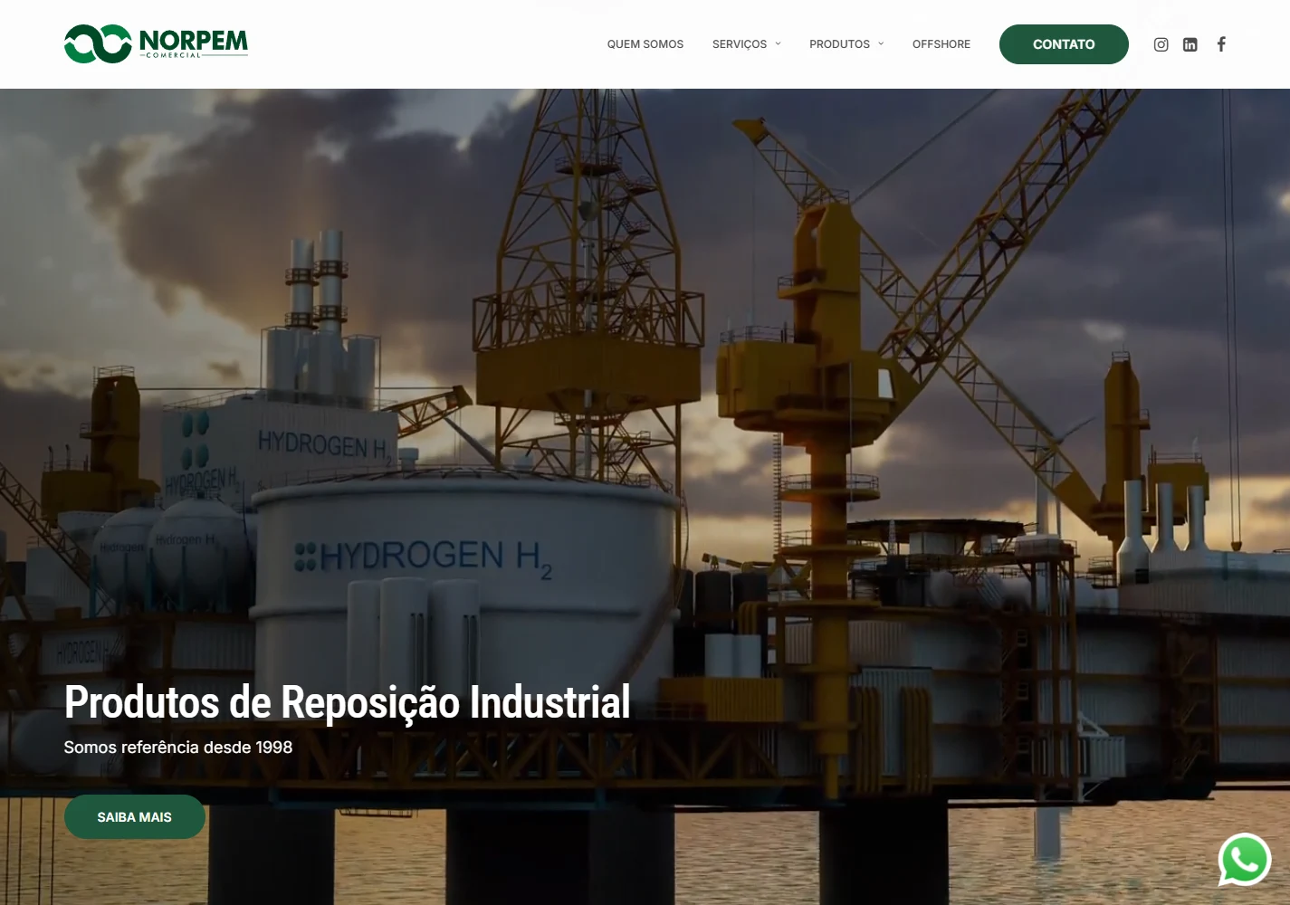 Abertura do site Norpem no desktop, com navegação, imagem industrial e chamada para conhecer a empresa.