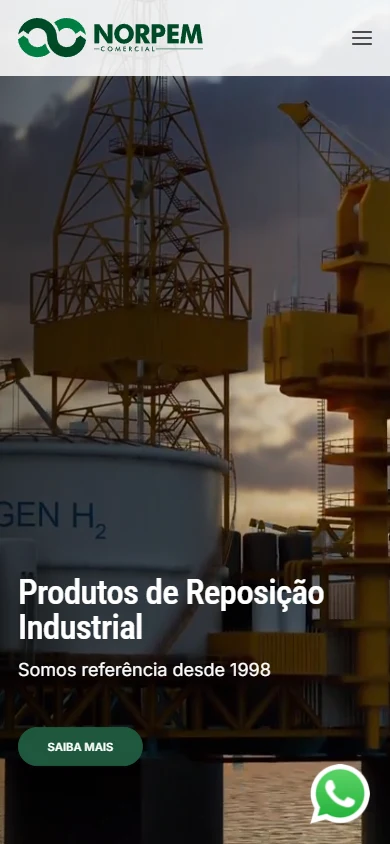 Abertura do site Norpem no celular, com logotipo, menu compacto e apresentação de produtos de reposição industrial.