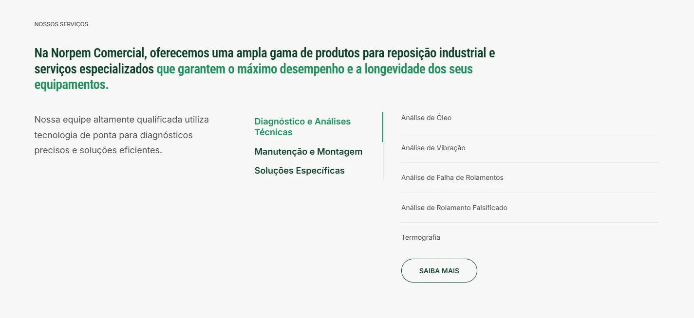 Seção de serviços da Norpem com três frentes e atividades de diagnóstico, incluindo análises de óleo, vibração, falha de rolamentos e termografia.