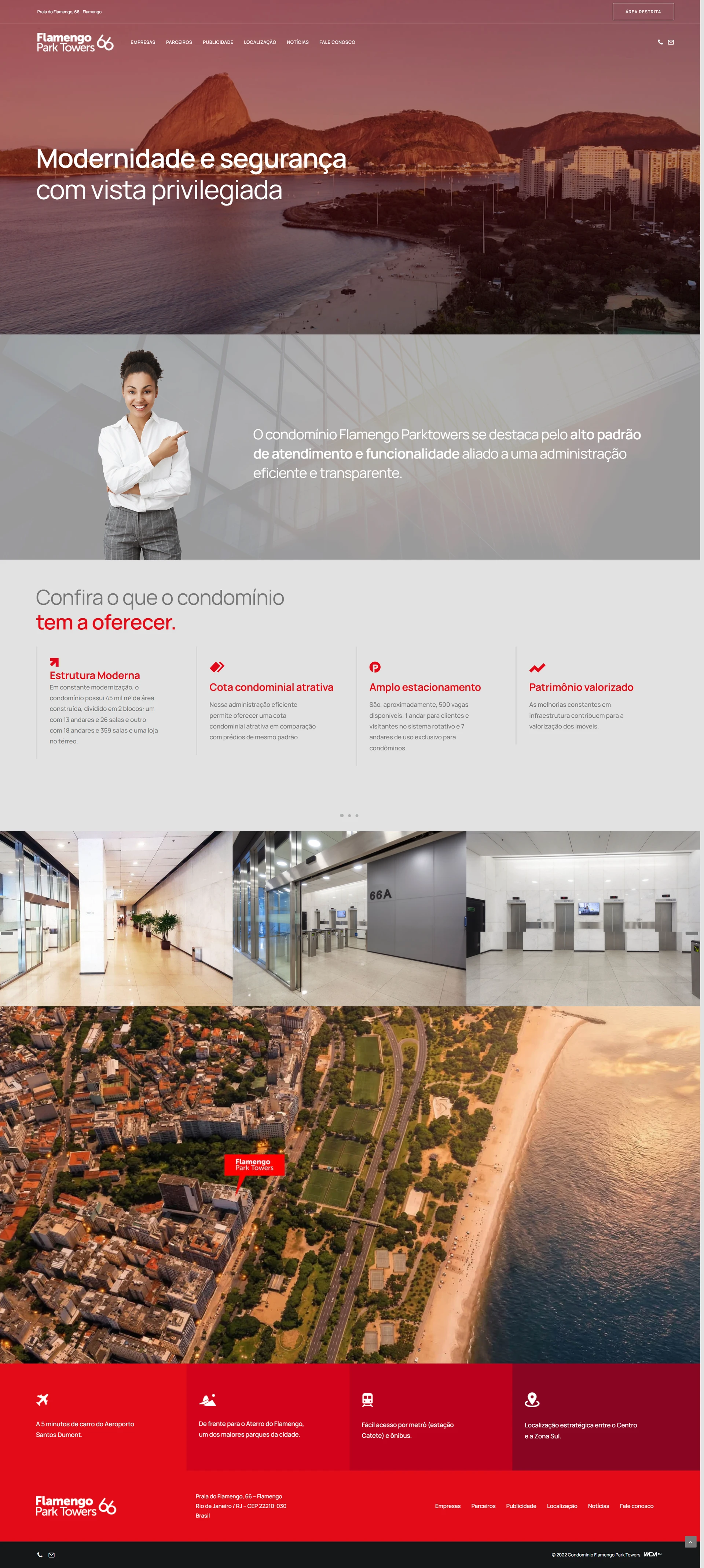 Layout do site Flamengo Park Towers com vista da Baía de Guanabara, apresentação do condomínio, infraestrutura, galeria e localização.
