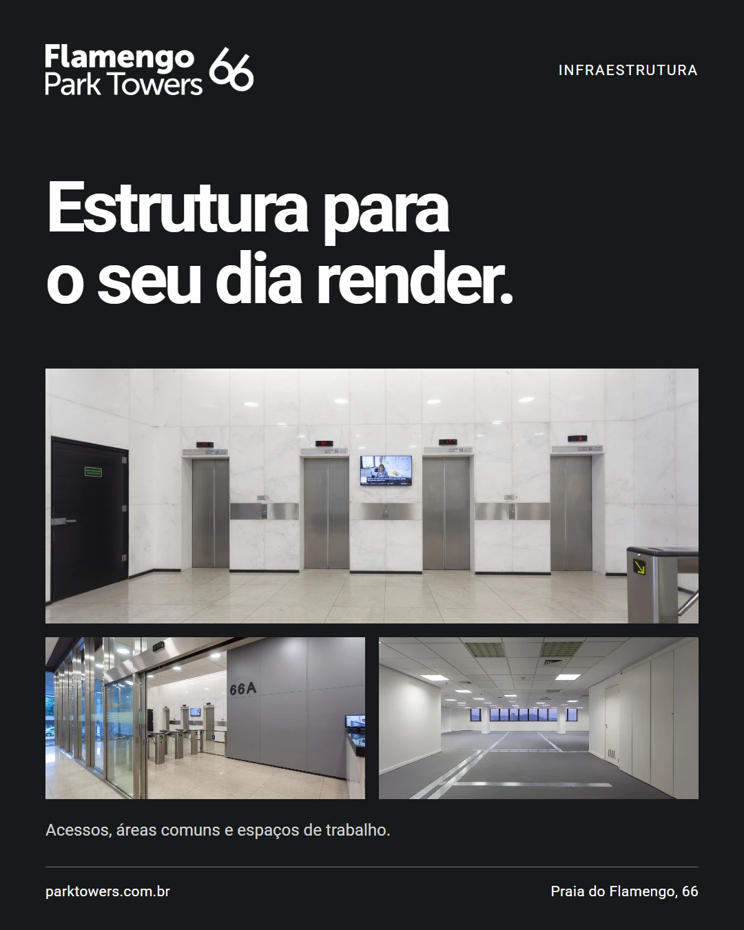 Hall de elevadores, entrada e sala comercial com a chamada Estrutura para o seu dia render.