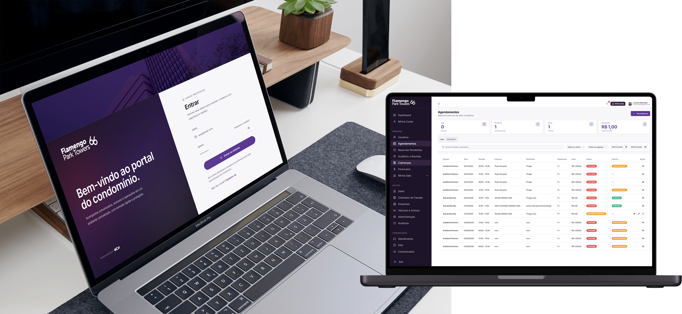 Interfaces do sistema Park Towers apresentadas em notebook.