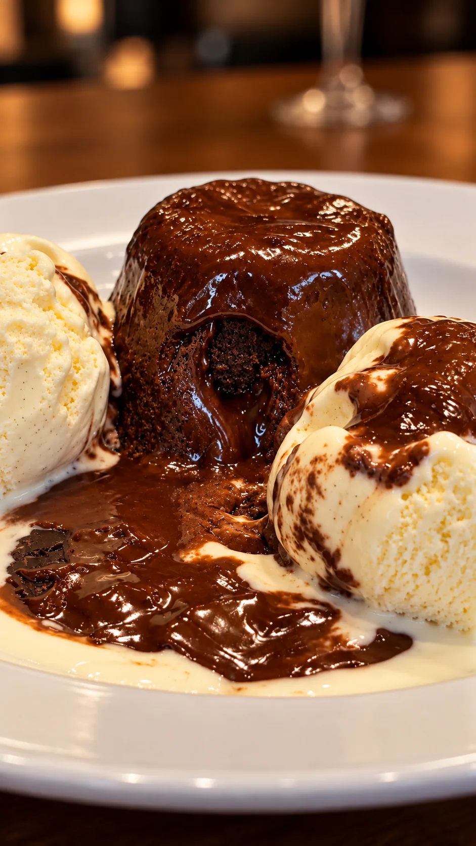 Sobremesa da Parrilla do Lira com bolo de chocolate e sorvete.