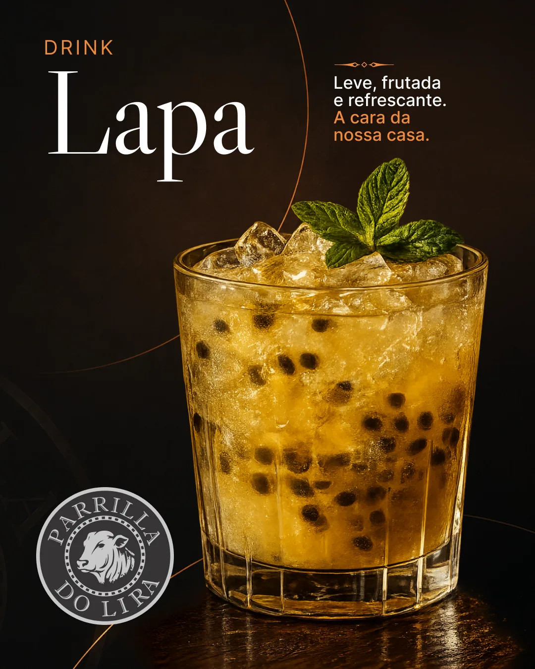 Arte da Parrilla do Lira com fotografia de drink.