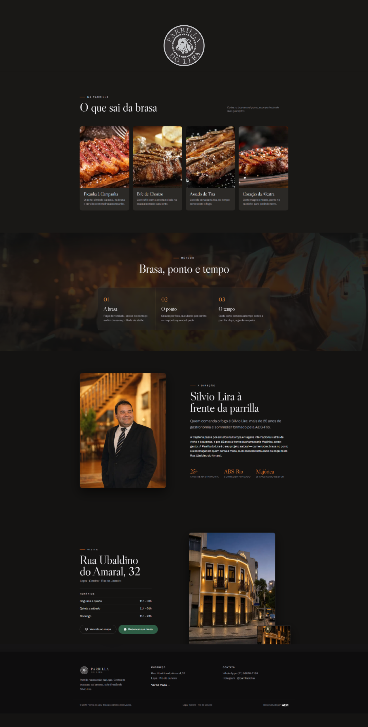 Layout do site da Parrilla do Lira, com cortes, método de preparo, apresentação de Silvio Lira e localização.