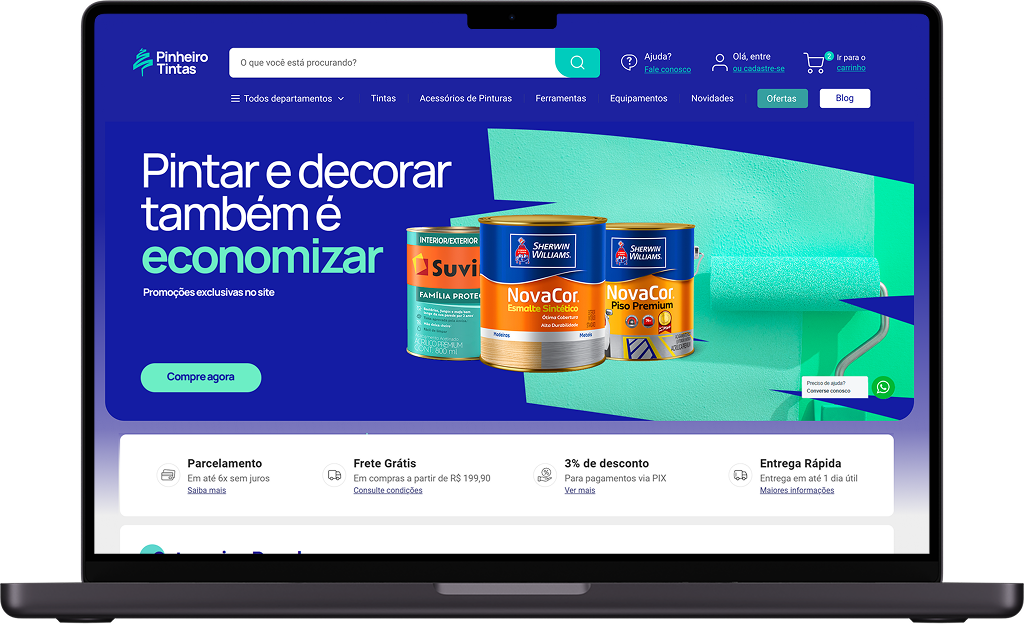 E-commerce da Pinheiro Tintas aplicado em um notebook.