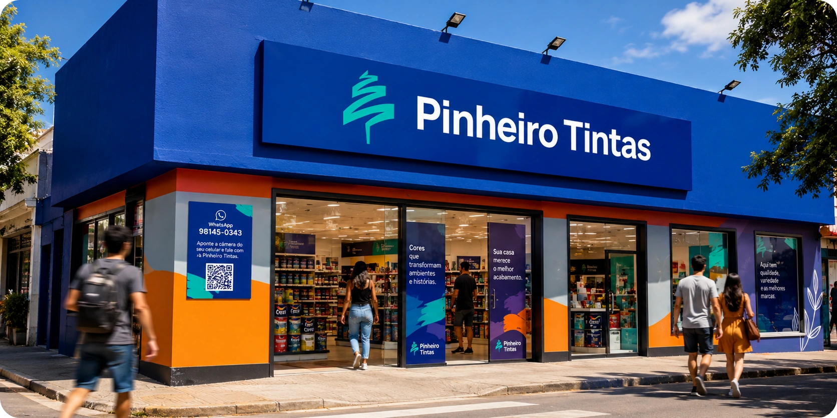 Fachada e sinalização da loja Pinheiro Tintas com a nova identidade.