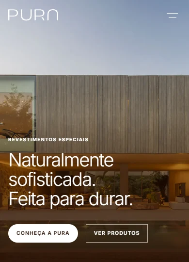 Pura: abertura na versão mobile Abertura do site Pura no celular, com menu compacto, título e chamadas para conhecer a empresa e os produtos.