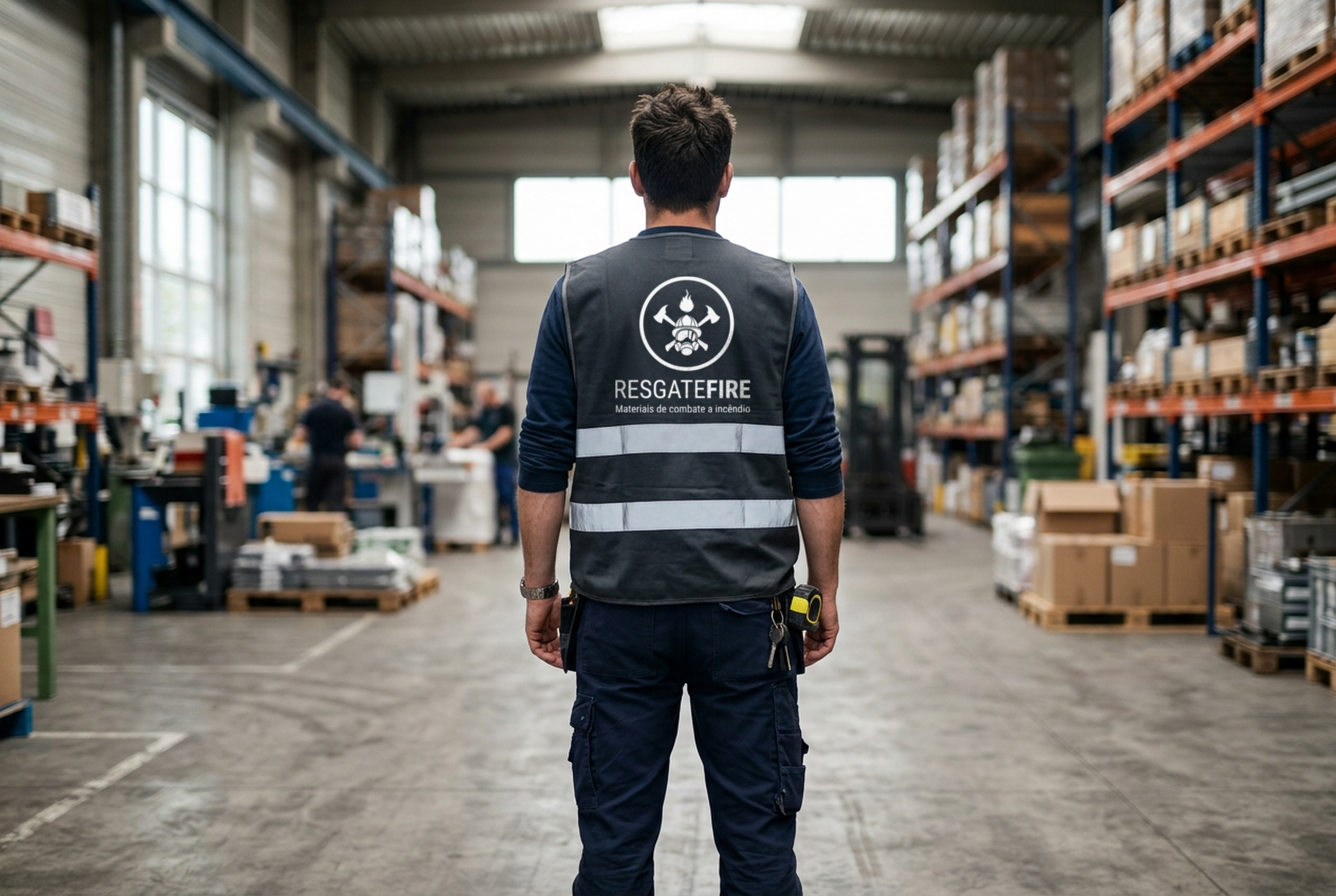 Mockup de colete com a identidade visual da Resgate Fire, apresentado em ambiente de estoque.