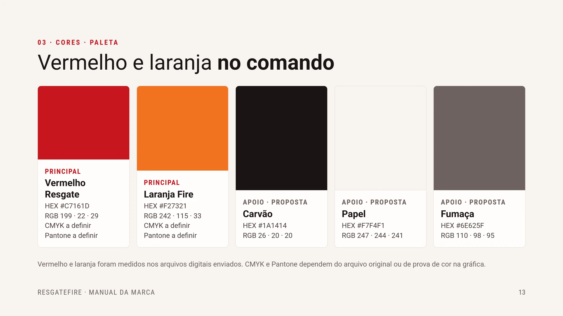 Paleta de cores: Vermelho Resgate, Laranja Fire e cores de apoio apresentados no manual.