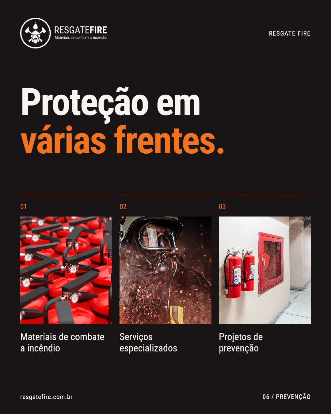 Resgate Fire: 06 · Frentes de atuação Composição em carvão e laranja com três fotografias: Proteção em várias frentes.