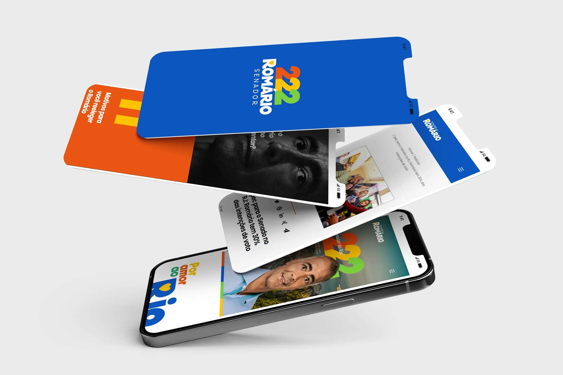 Composição das telas do website Romário 222 em smartphone.