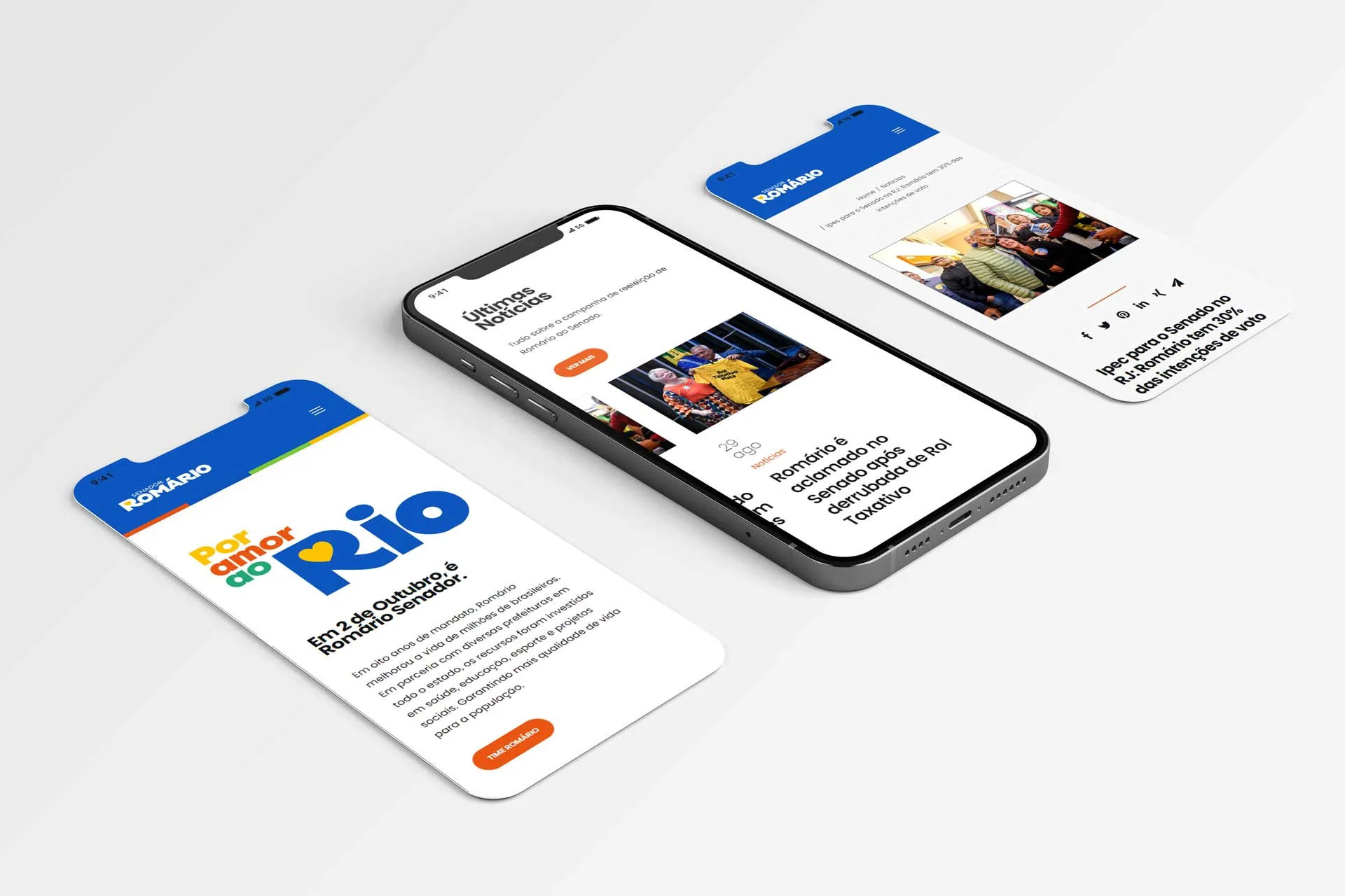Páginas de conteúdo e notícias do website Romário 222 em versão mobile.