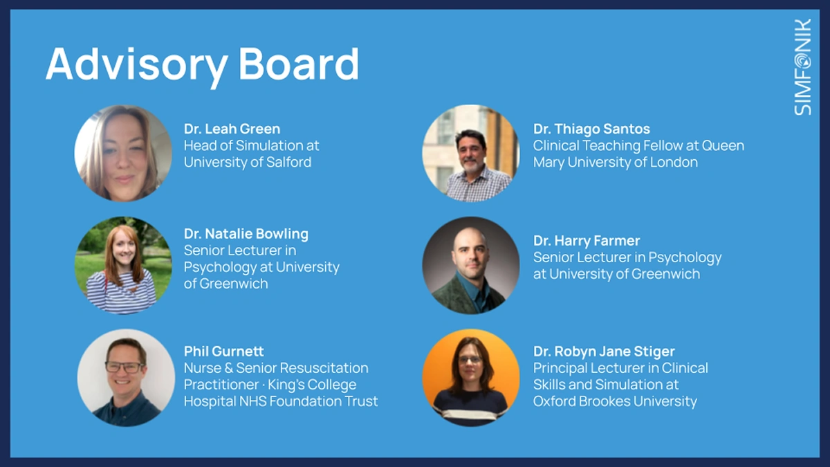 Conselho consultivo da Simfonik: Leah Green, Thiago Santos, Natalie Bowling, Harry Farmer, Phil Gurnett e Robyn Jane Stiger.