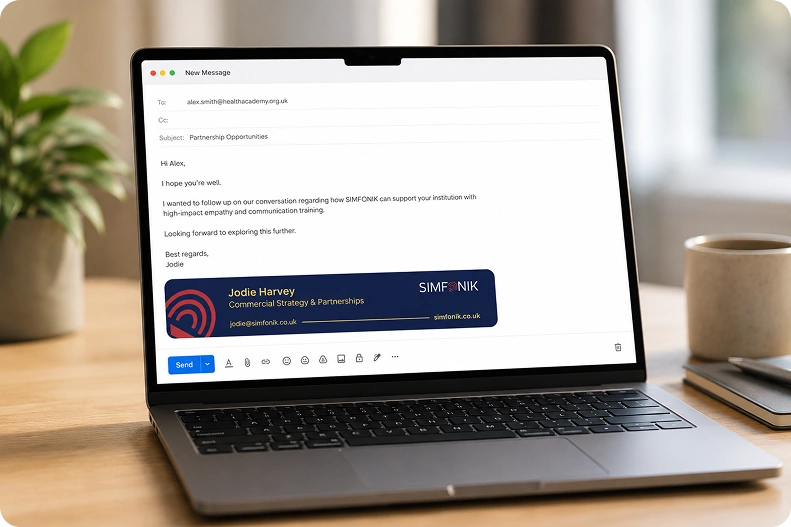 Assinatura de e-mail da Simfonik aplicada em um laptop.