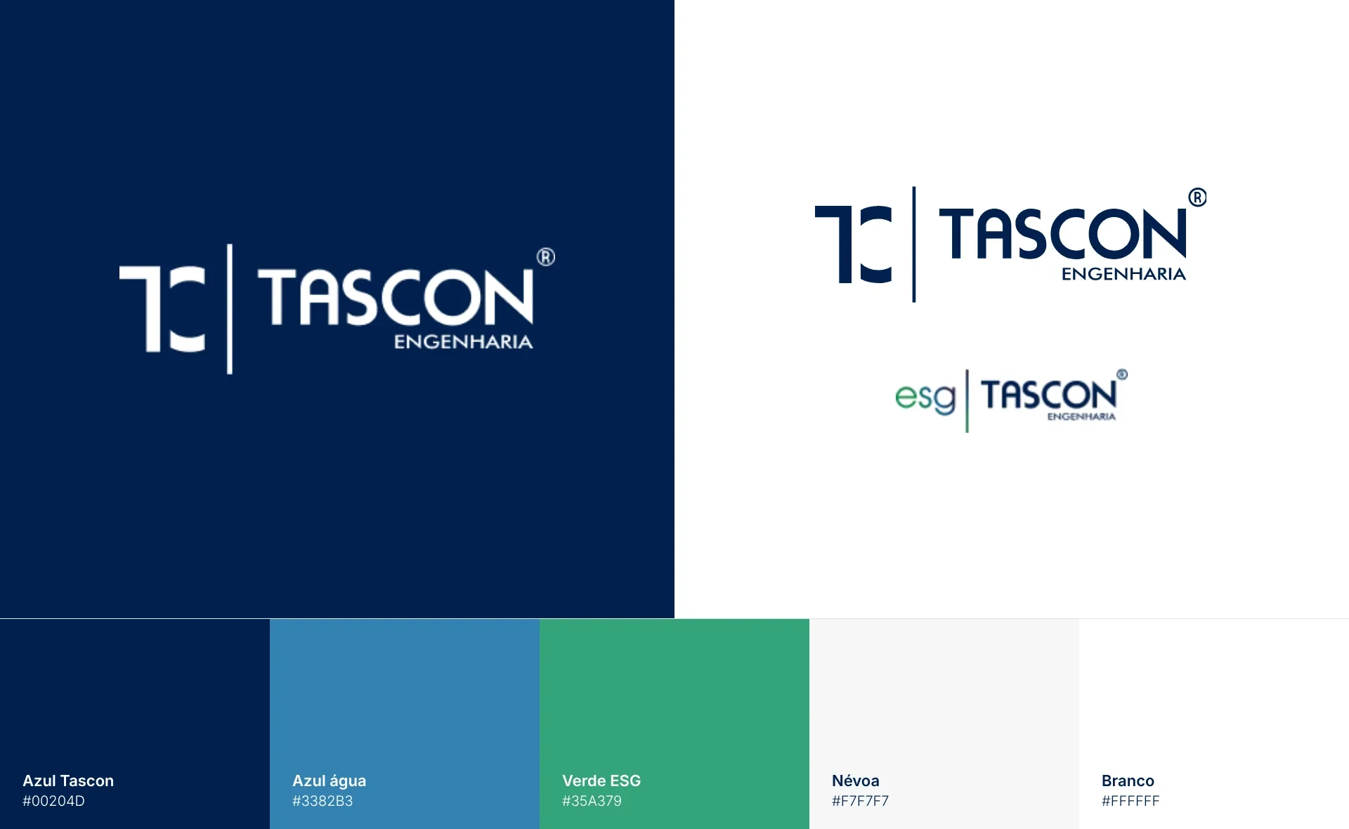 Prancha da Tascon com assinaturas da marca e paleta em azul escuro, azul água, verde, neve e branco.