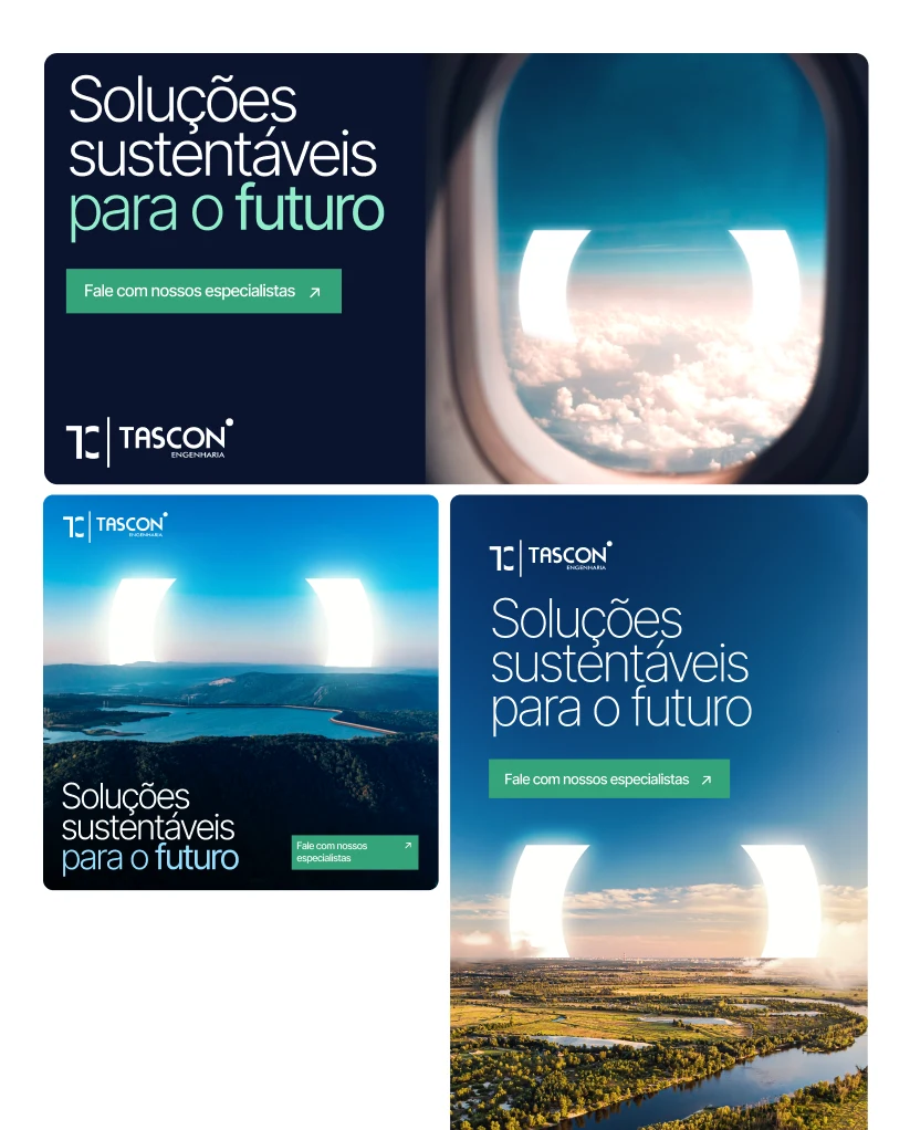 Três peças de publicidade online da Tascon em formatos horizontal, quadrado e vertical, com paisagens e chamadas para contato.