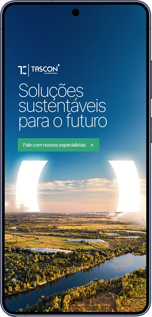 Layout mobile da Tascon em um celular, com assinatura, a mensagem Soluções sustentáveis para o futuro, chamada para contato e paisagem fluvial.