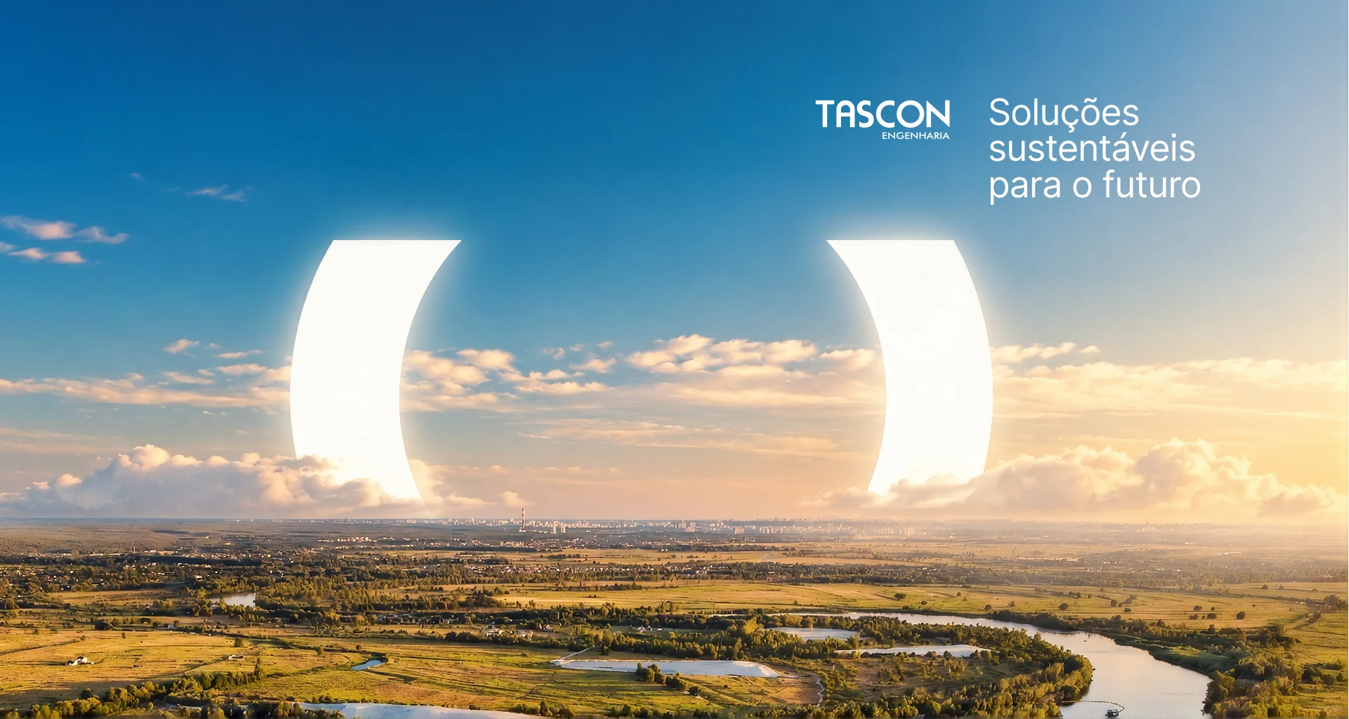 Capa da Tascon Engenharia com paisagem fluvial, símbolo branco e a mensagem Soluções sustentáveis para o futuro.