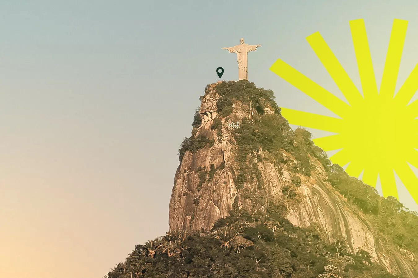 Christ the Redeemer and the sunlit graphic motif of the Terraço Corcovado identity.