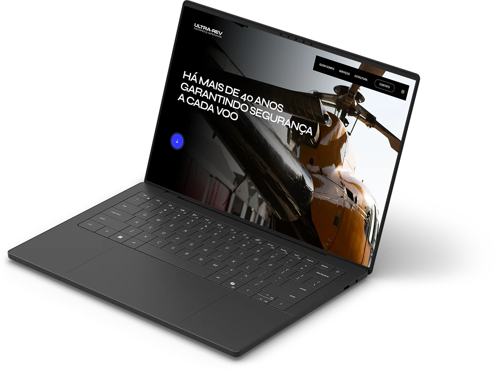 Ultrarev: layout desktop por WDA Agência Digital Layout desktop da Ultrarev em um notebook, com fotografia de helicóptero e apresentação institucional.