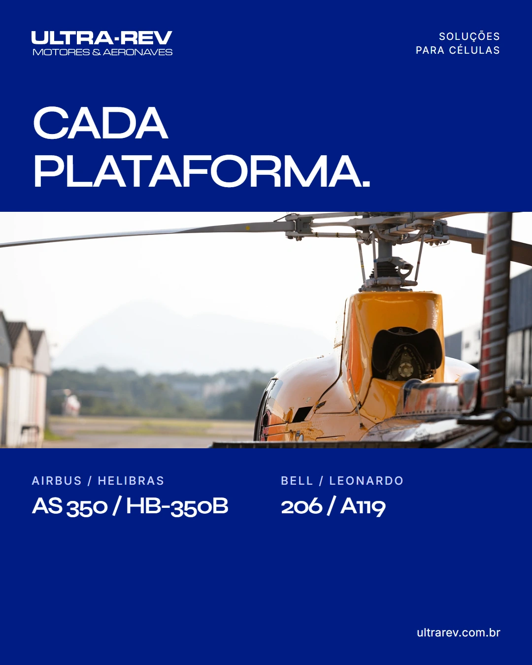 Ultrarev: 03 · Soluções para células Post Cada plataforma, com helicóptero e modelos AS 350, HB-350B, 206 e A119.