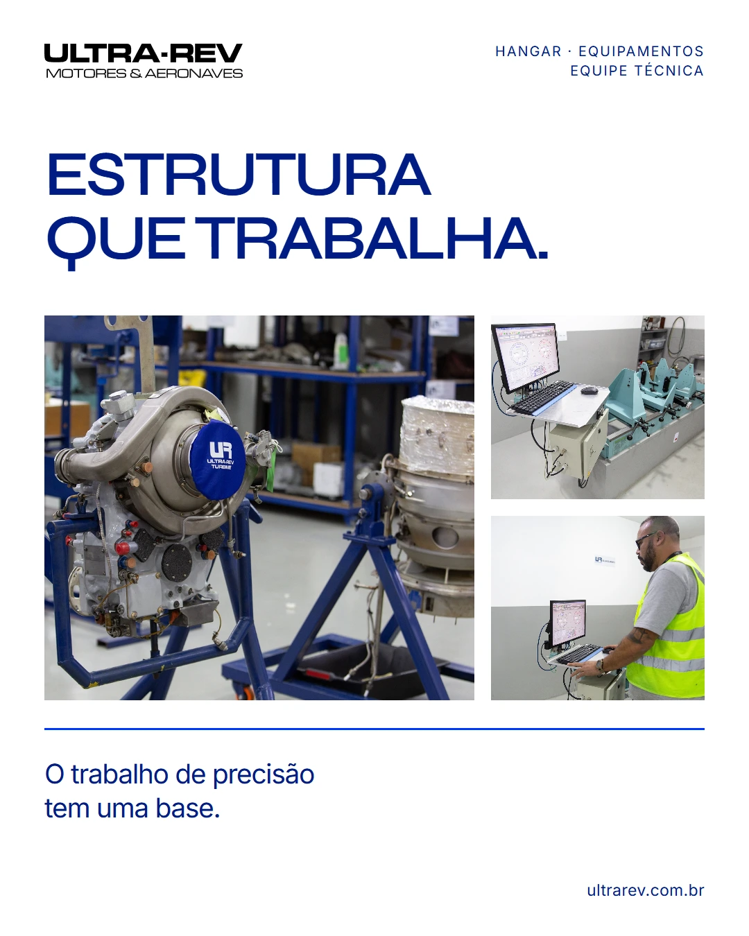 Post Estrutura que trabalha, com fotografias do hangar, equipamentos e equipe técnica.