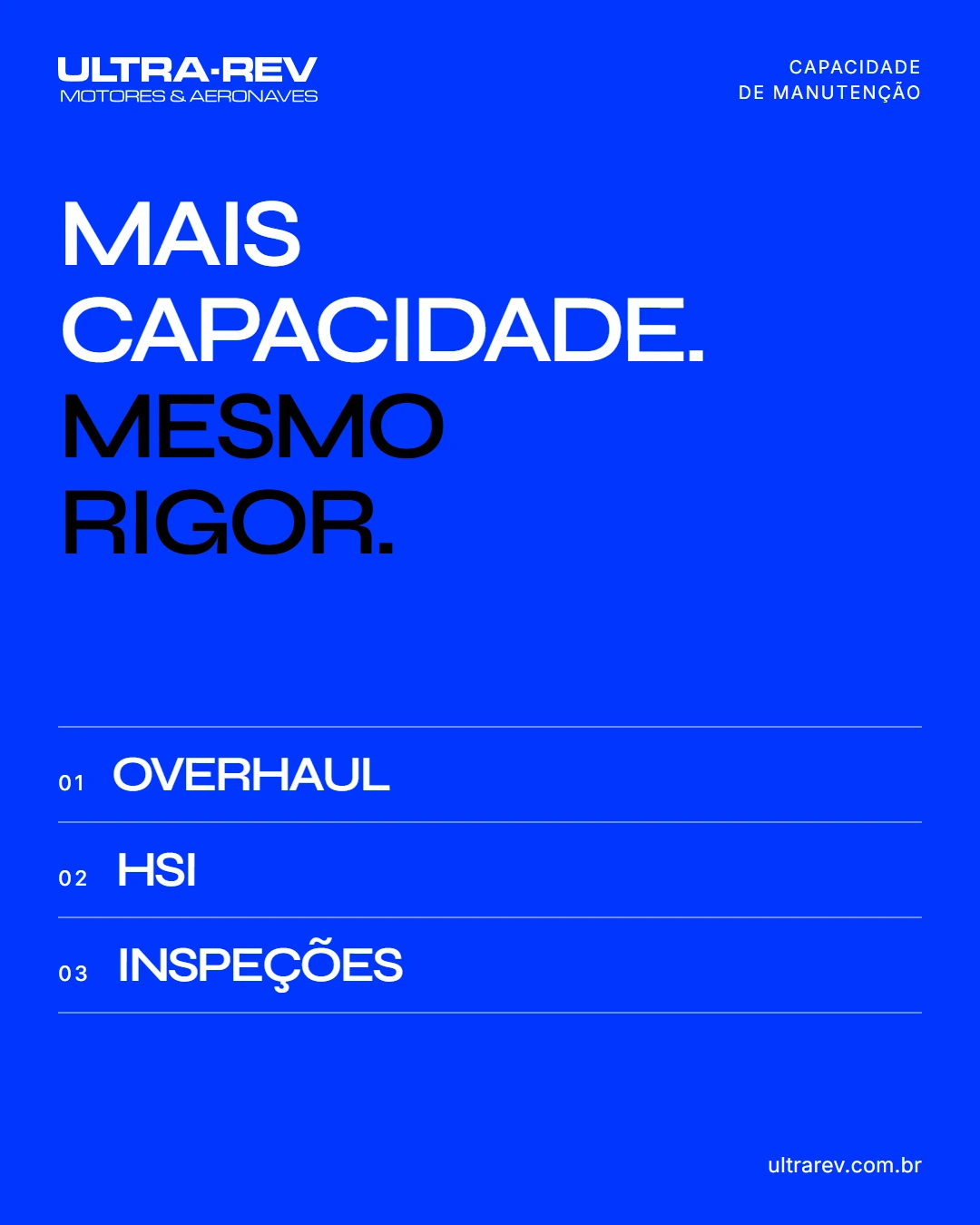 Post Mais capacidade. Mesmo rigor., com destaque tipográfico para overhaul, HSI e inspeções.