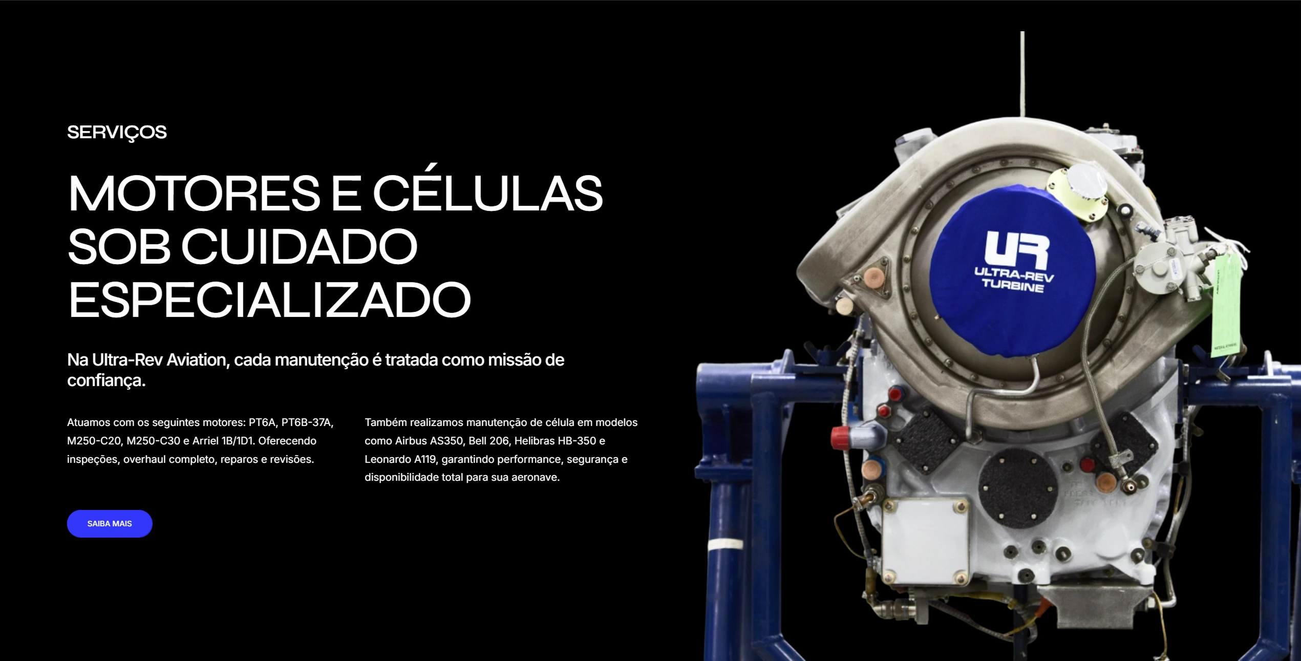 Seção de serviços da Ultrarev com motor de aeronave em destaque.
